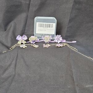 Purple Bow and Heart Charm And Straw Topper Set Of 4 Pairs